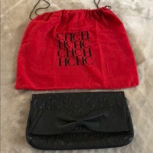 Carolina Herrera Black Embossed  Bow Clutch
